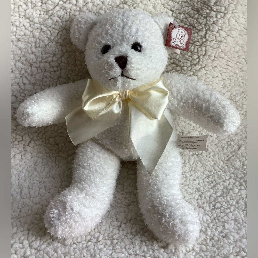 Cheri Lane White Teddy Bear 11 inch Plush w Yellow Bow Stuffed Animal with Tags